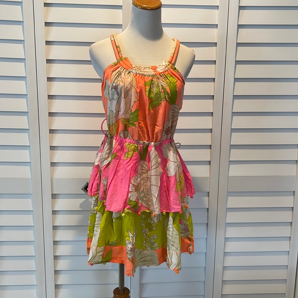 Farm Rio NWT Mixed Neon Garden Mini Dress with side adjustable drawstrings. - Picture 4 of 13